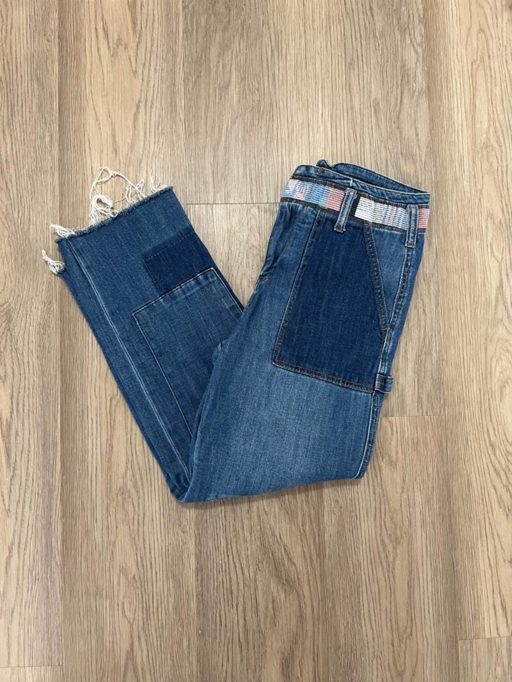 Pilcro Anthropologie Patchwork Utility Jeans with Faux Embroidered Belt Size 25
